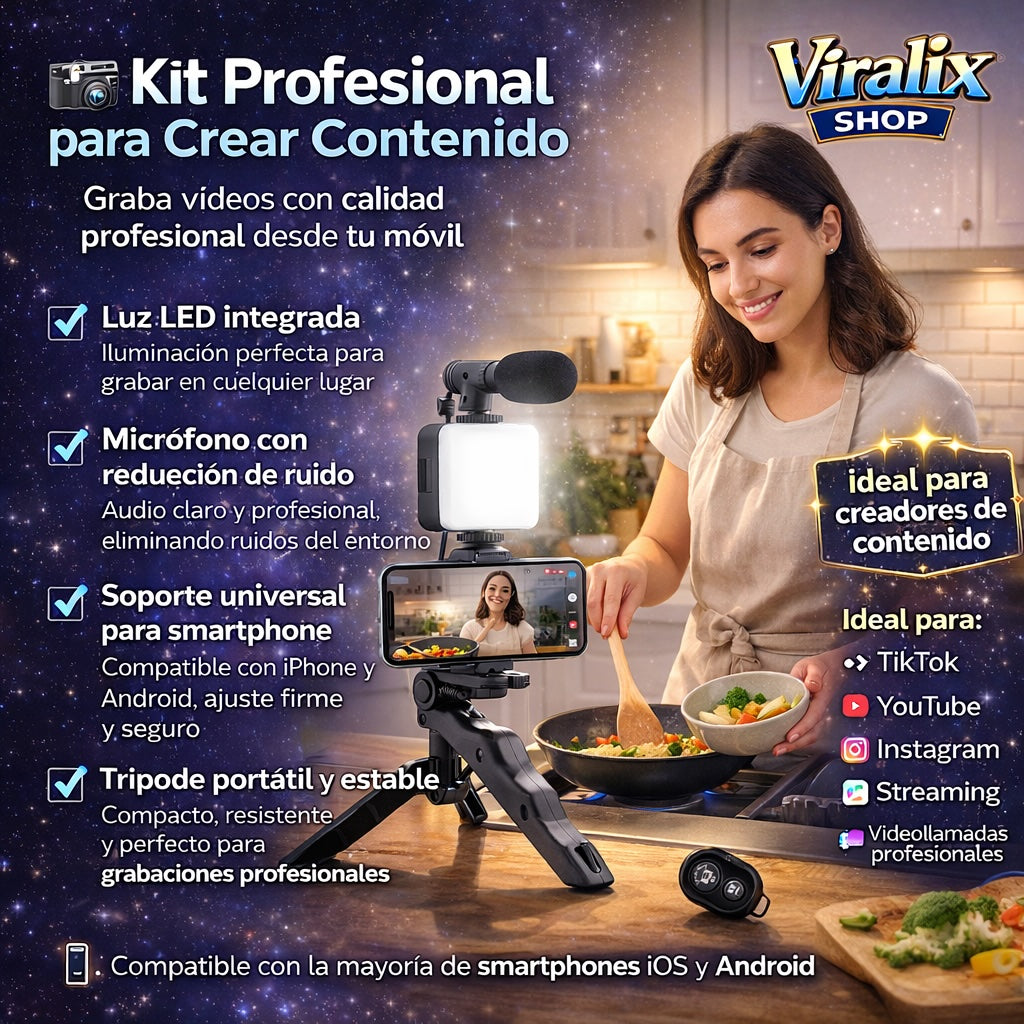 Kit Profesional de Grabación para Smartphone/Cámara con Luz LED, Micrófono y Trípode